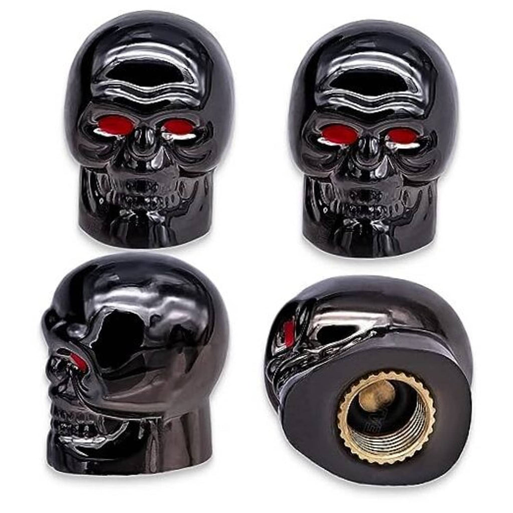 Set of 4 skull tire valve stem caps, glossy black with red eyes and metal threads