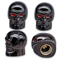 Set of 4 skull tire valve stem caps, glossy black with red eyes and metal threads