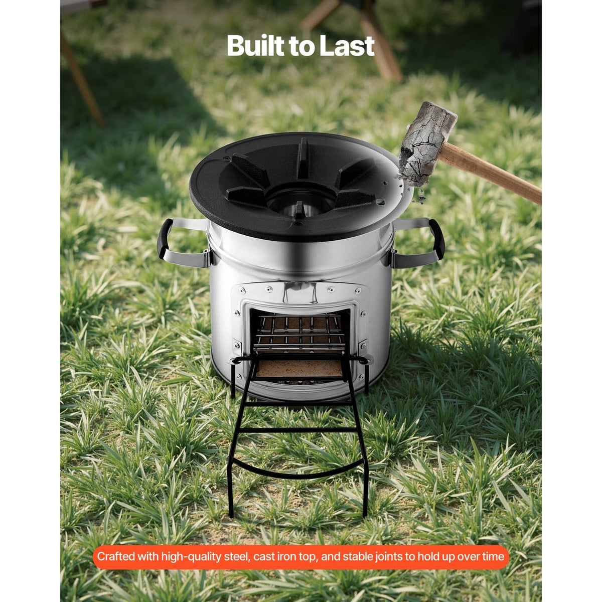 Rocket stove with black top cap, front door, and foldable pot stand
