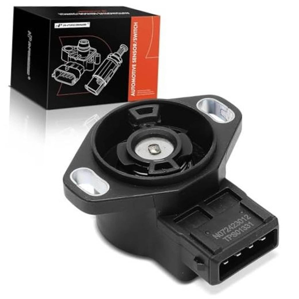 Throttle position sensor with black housing and round cap, shown with retail box