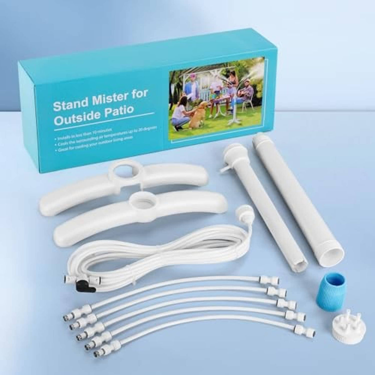 Replacement parts for outdoor mist stand: hoses, nozzles, and fittings in white