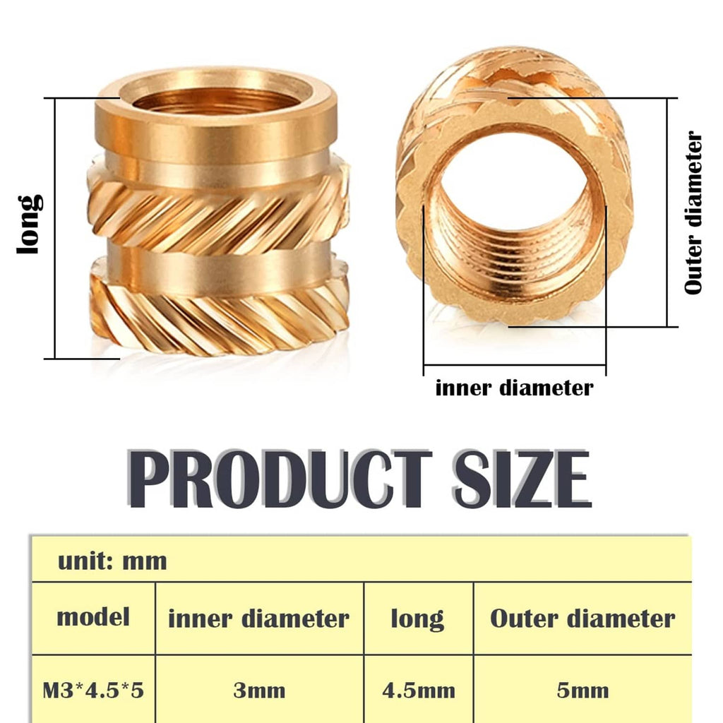 Brass knurled threaded insert nut showing inner threads and outer ring
