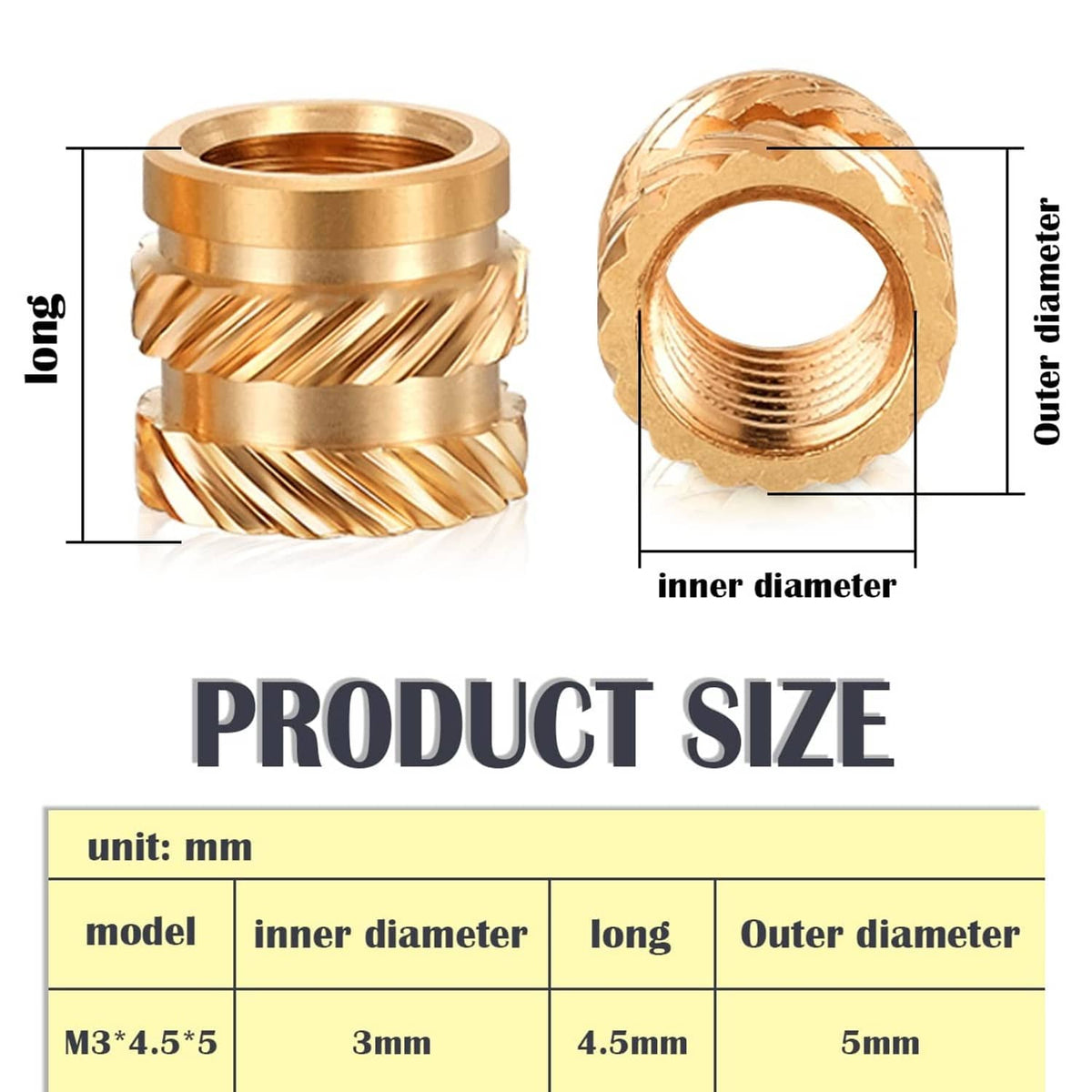 Brass knurled threaded insert nut showing inner threads and outer ring