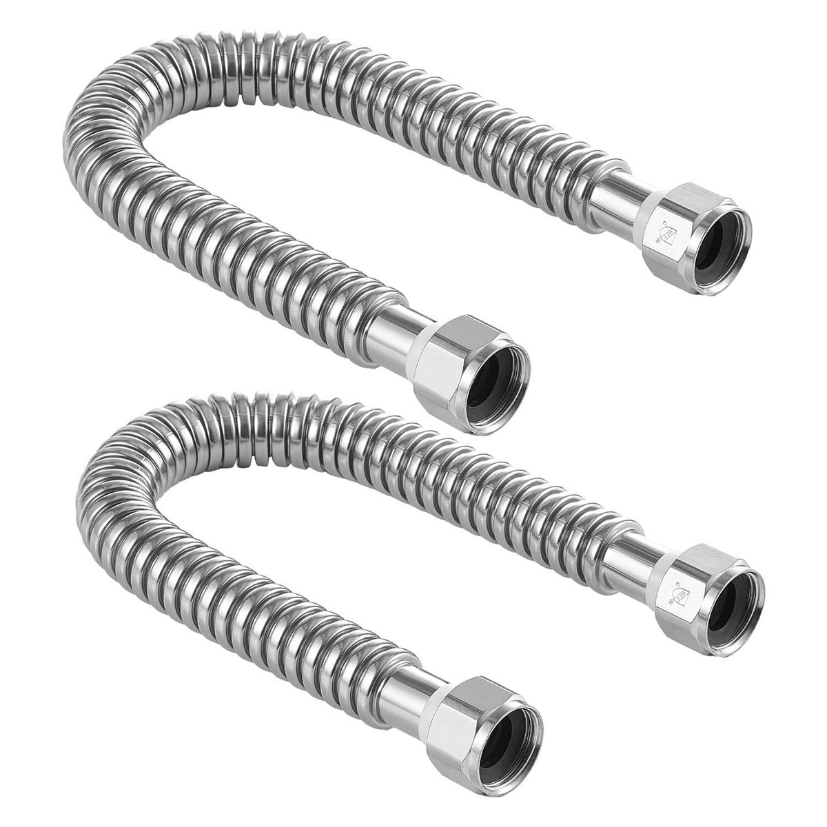Two stainless steel flexible water heater connector hoses with hex fittings and ports