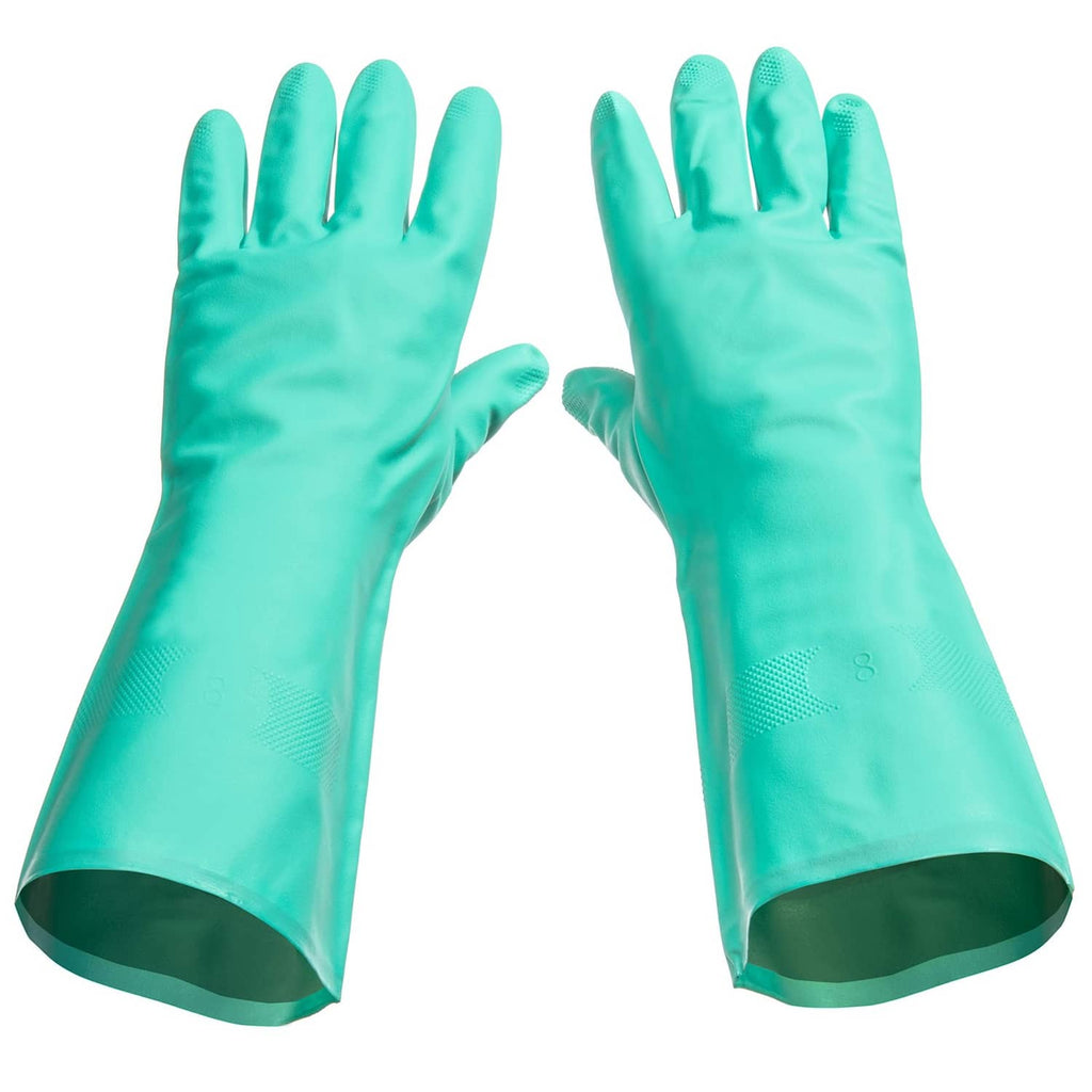 Teal nitrile rubber cleaning gloves with textured grip and wide cuffs, pair view