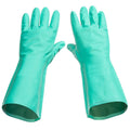 Teal nitrile rubber cleaning gloves with textured grip and wide cuffs, pair view