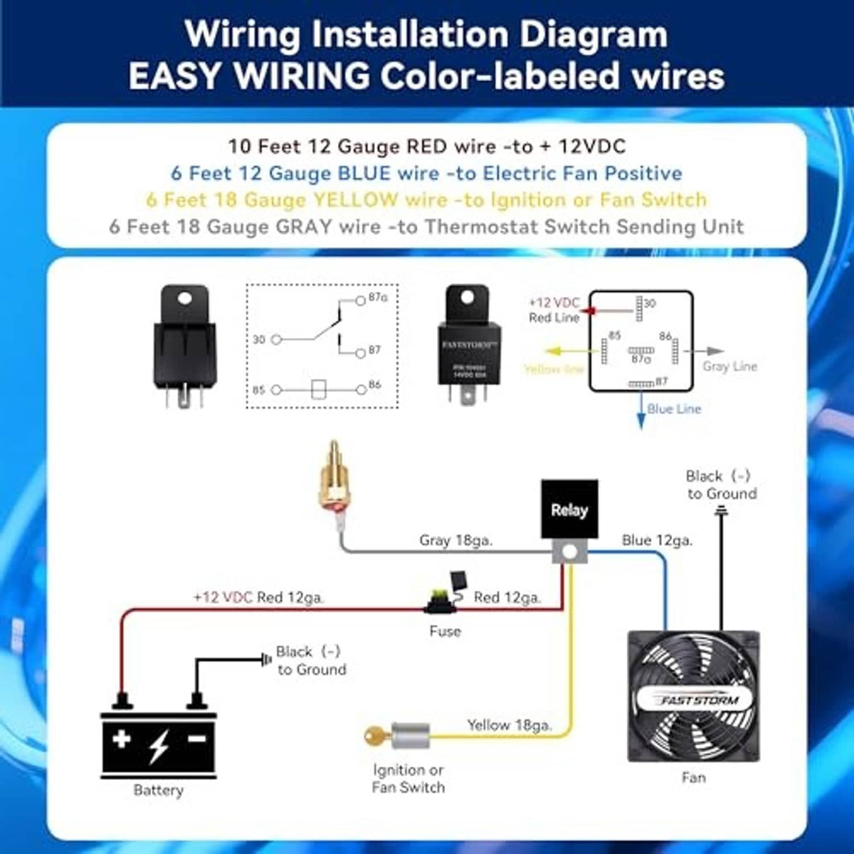 Wiring installation diagram with color-labeled wires, fuse, relay, and ground connections
