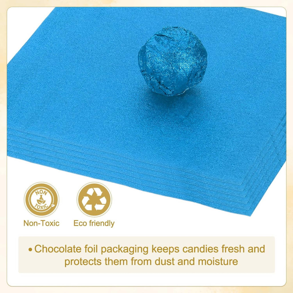 Blue foil sheet with round wrapped candy and non-toxic eco-friendly icons