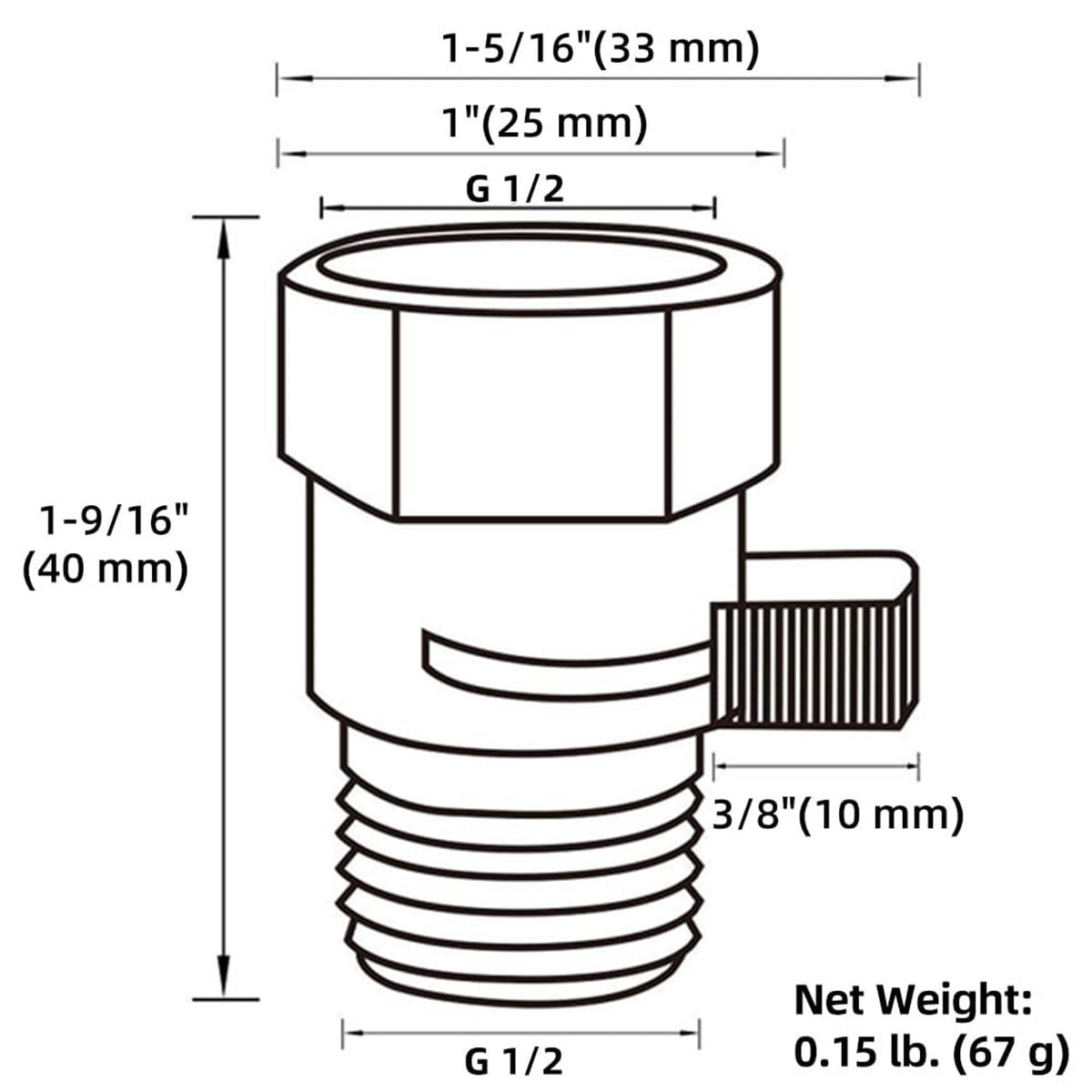 Shower flow control valve measurement diagram with G1/2 thread and 40 mm height