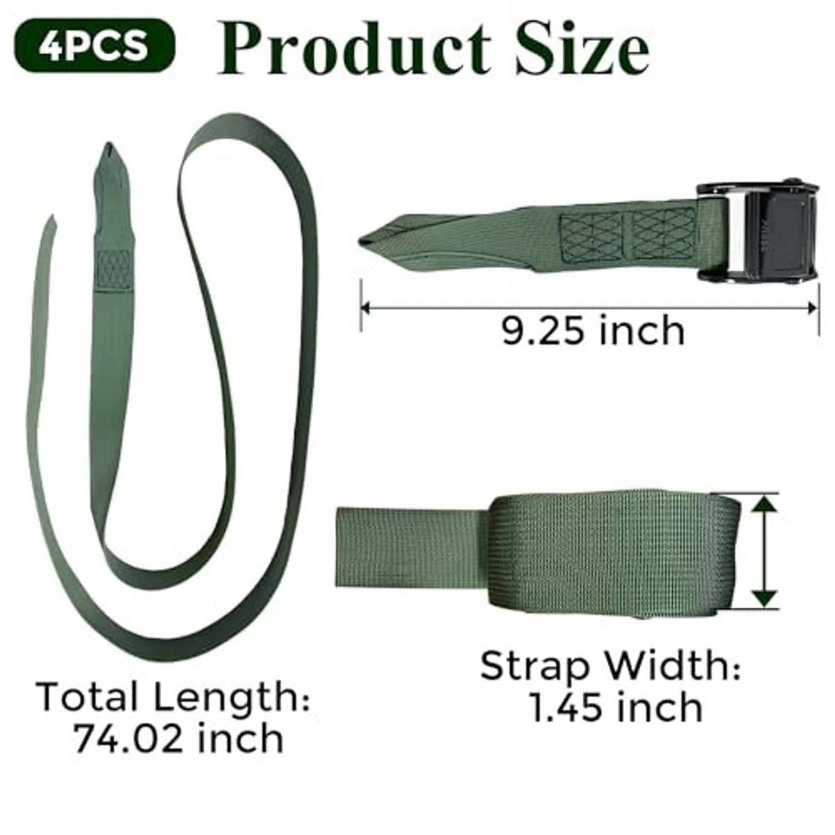 Green strap set with cam buckle and strap length/width layout
