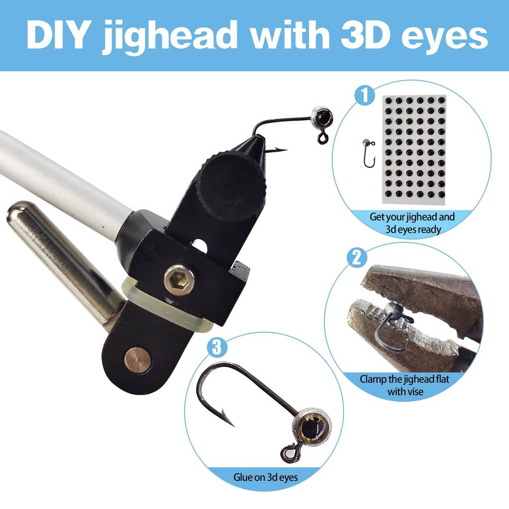 Jighead tying system with black vise clamp and 3D eye jig hooks