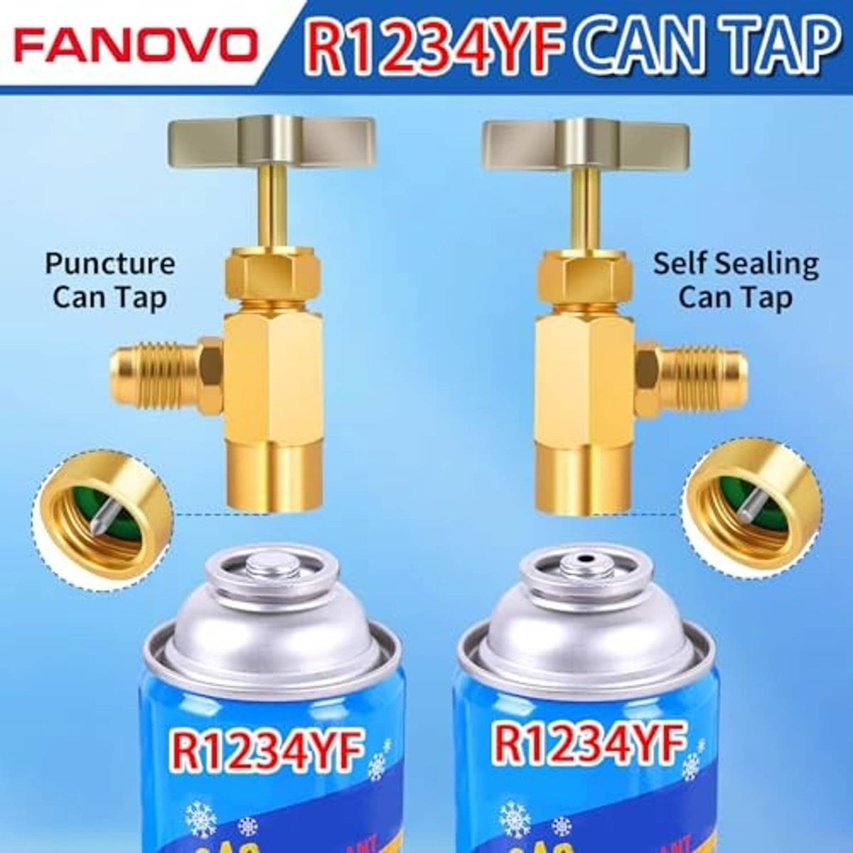 Brass refrigerant can tap adapters with puncture and self-sealing valve stems