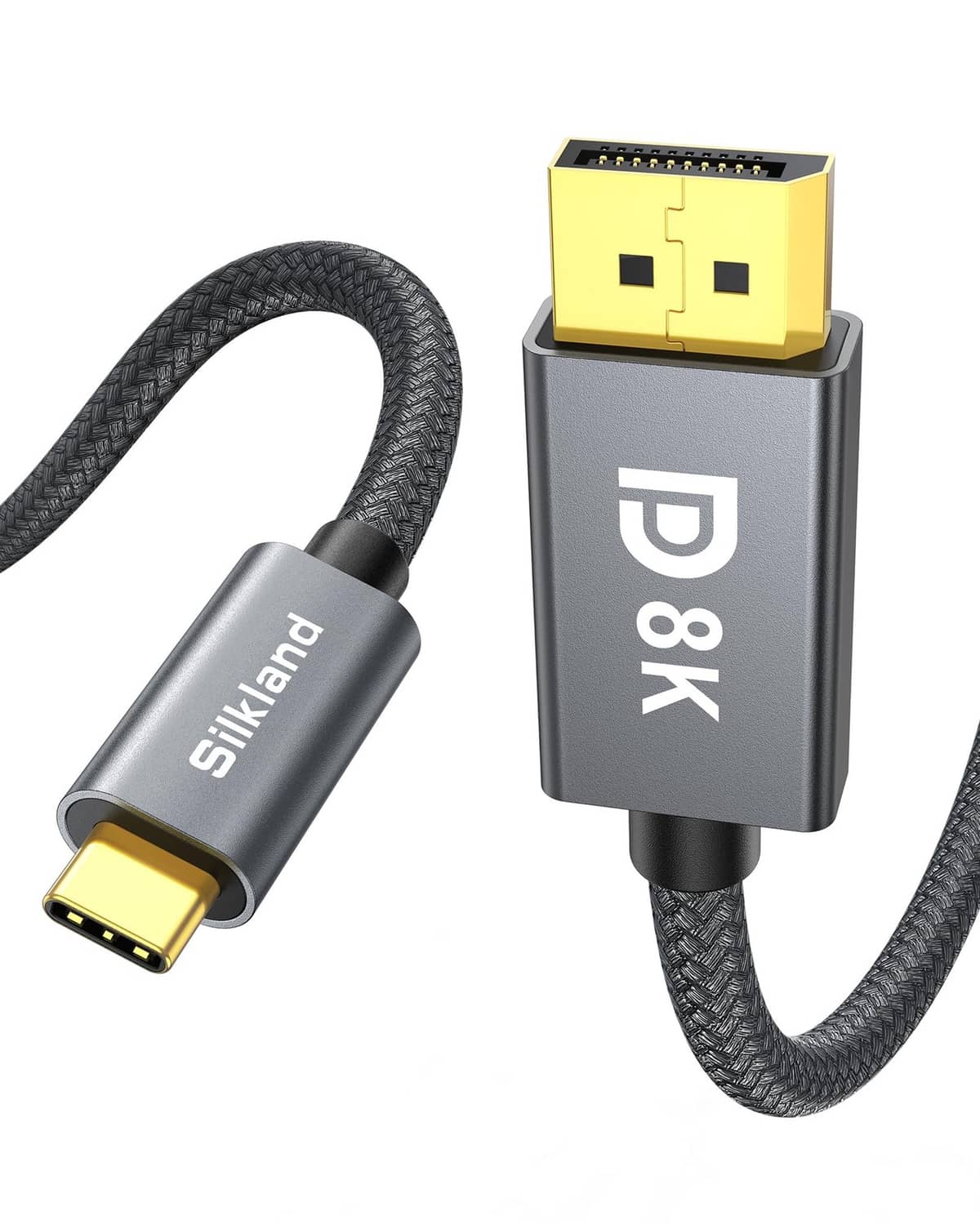 Grey braided USB-C to DisplayPort 1.4 cable with gold-plated connectors