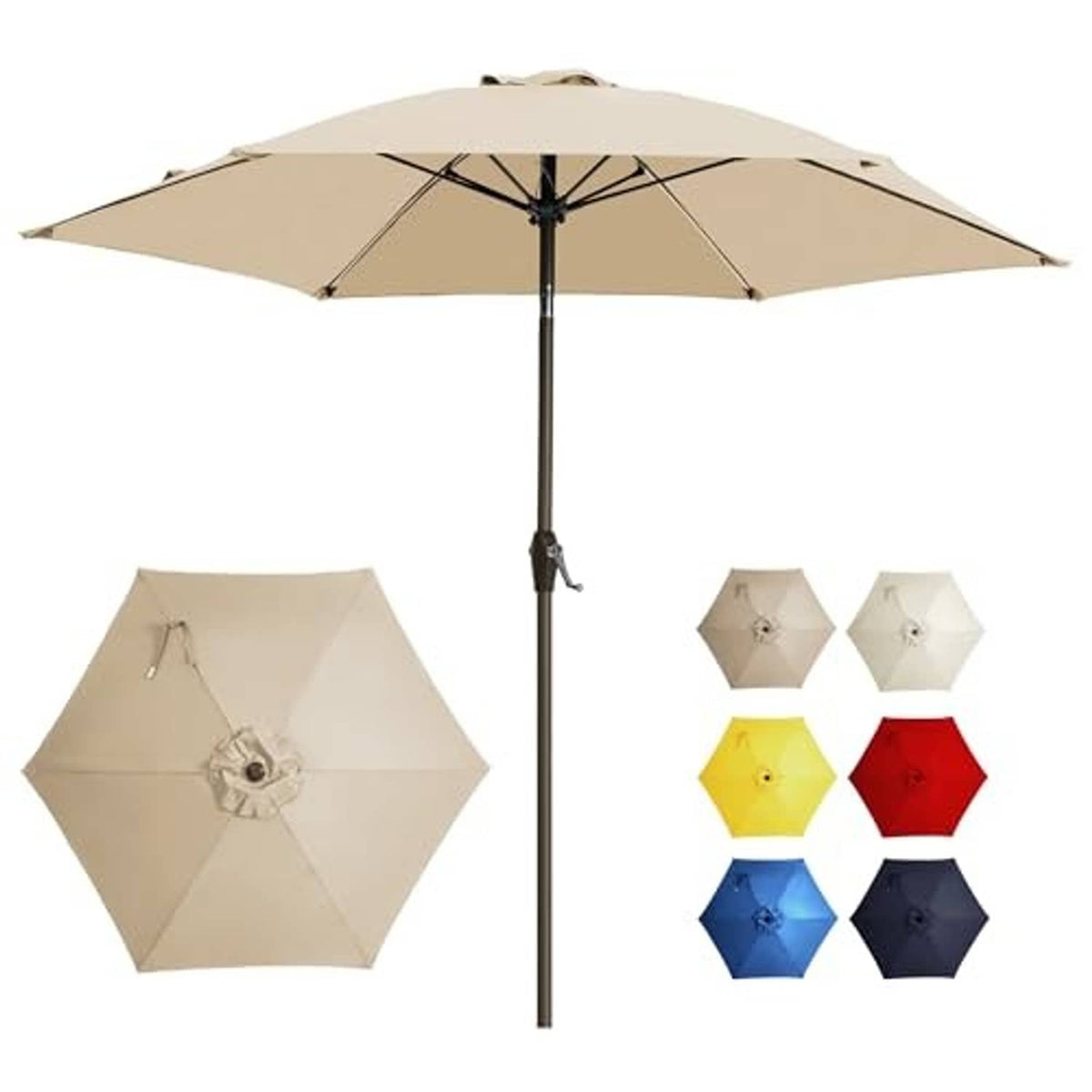 Beige patio umbrella with open canopy and spare umbrella pieces with color options