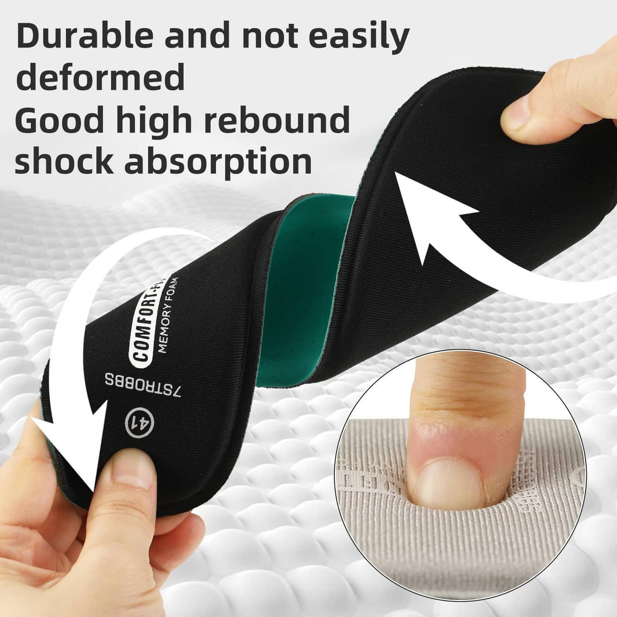 Black memory foam insoles with gel-like support detail and hand holding one in view