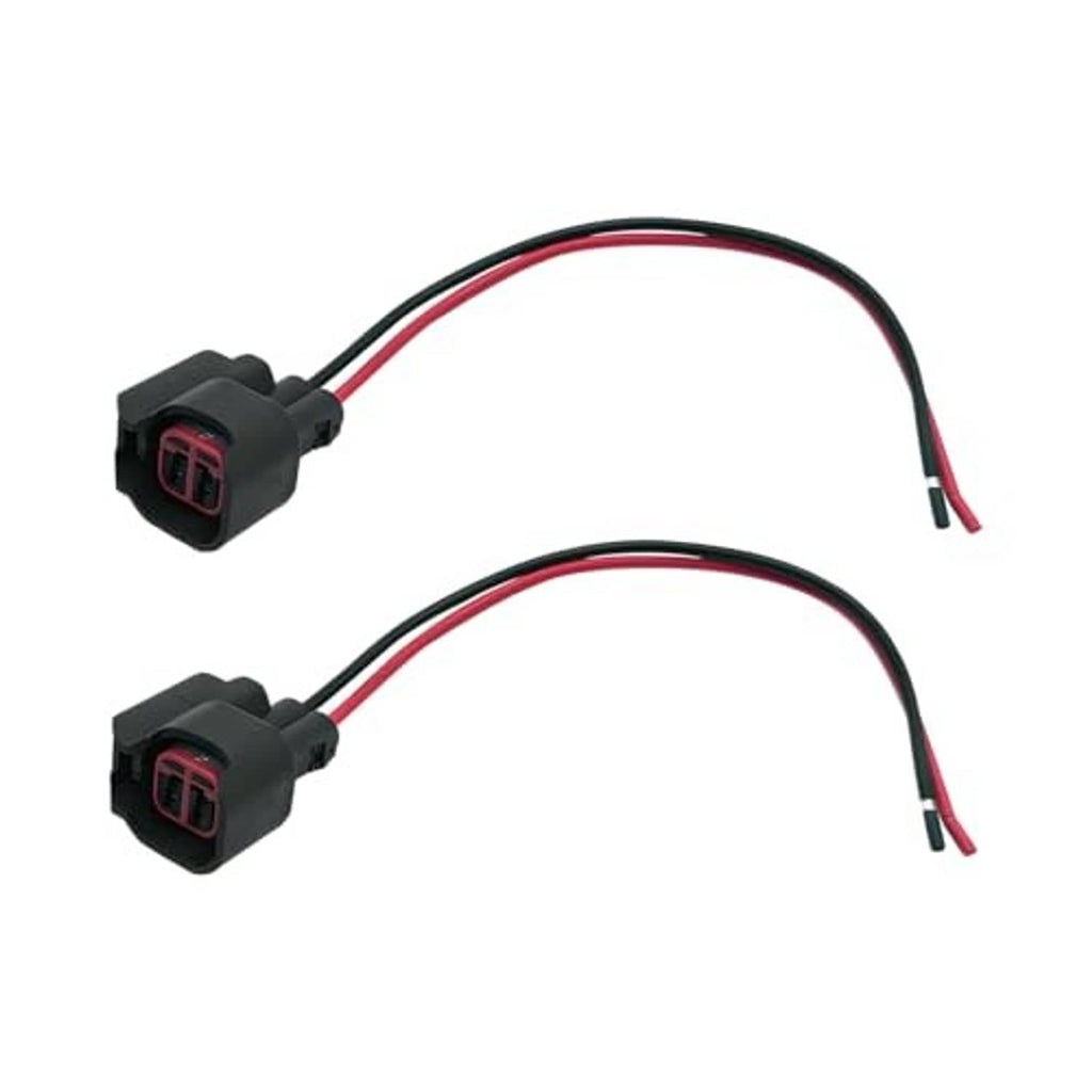 Two fuel injector connectors with black housing and red/black wires, dual red 2-pin ports