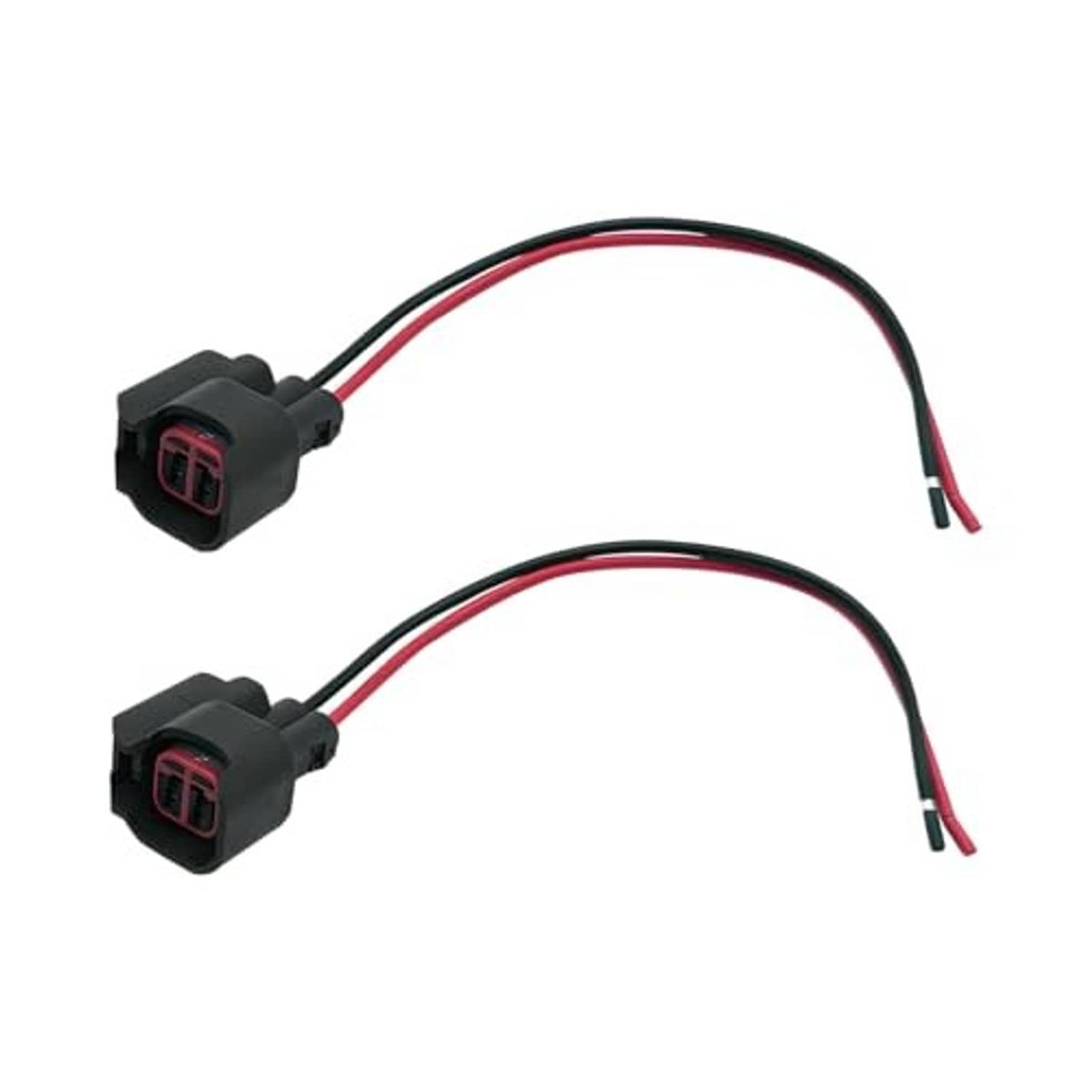 Two fuel injector connectors with black housing and red/black wires, dual red 2-pin ports