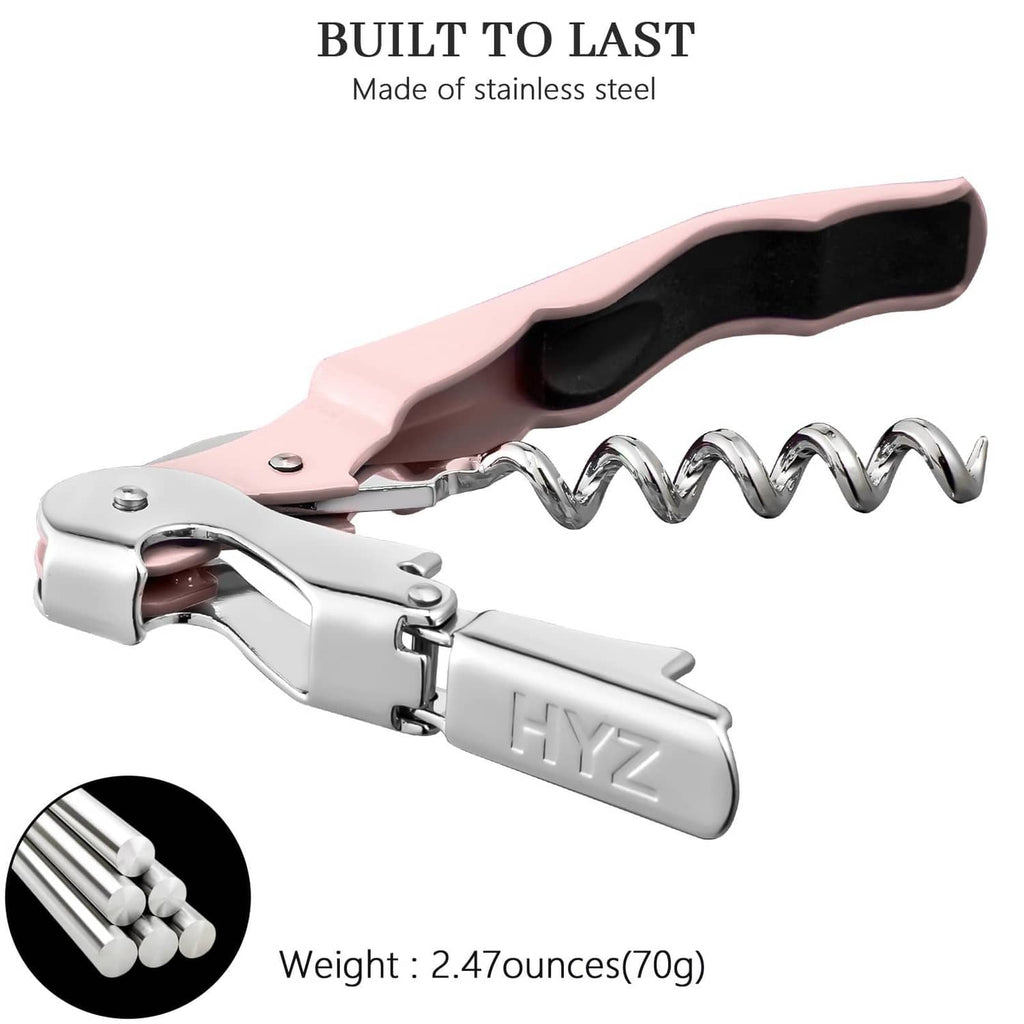 Pink and silver waiter corkscrew key with two-stage lever, made of stainless steel