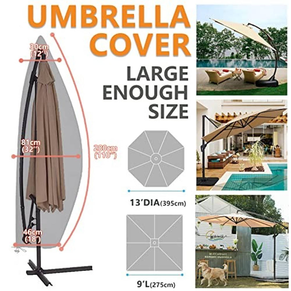 Black umbrella cover with beige underside, sized for large cantilever patio umbrellas