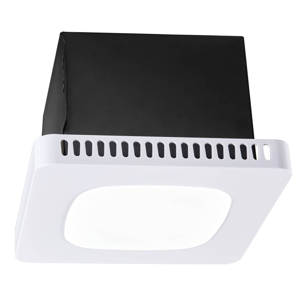White ceiling ventilation fan with vented grille and built-in LED light diffuser.