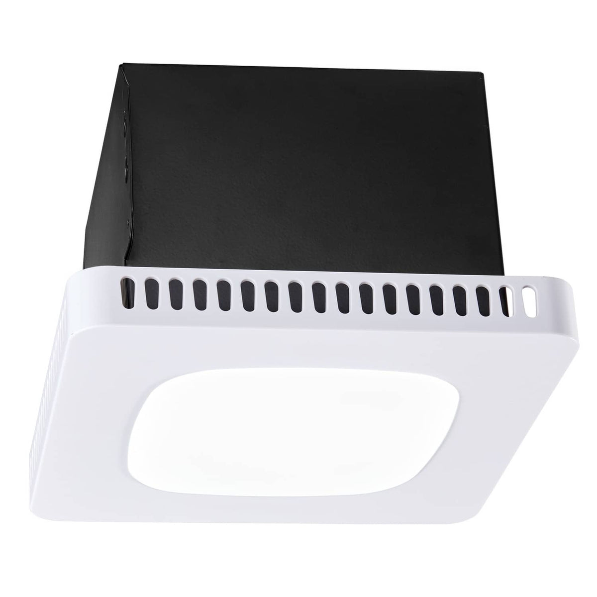 White ceiling ventilation fan with vented grille and built-in LED light diffuser.