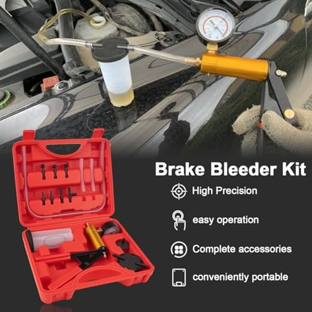Brake bleeder vacuum pump tool connected to vehicle brake line with pressure gauge