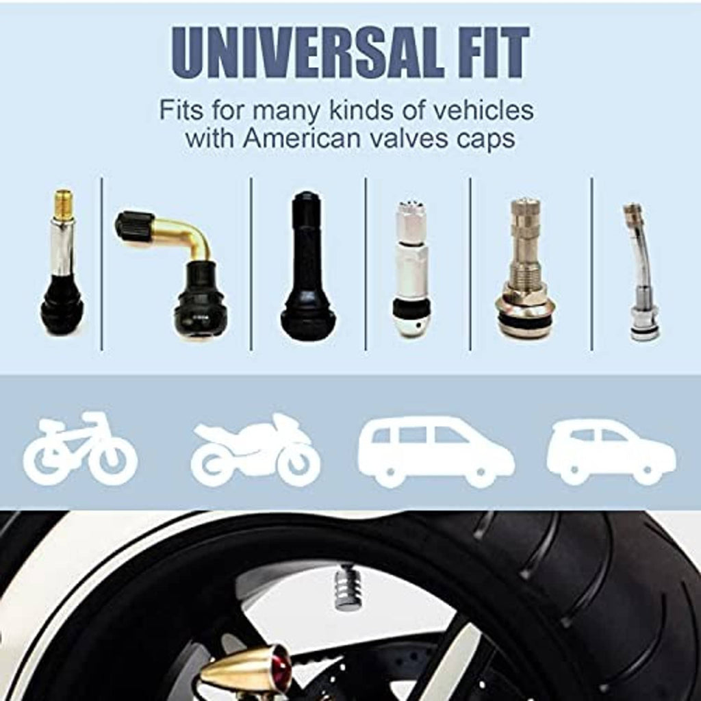 Universal-fit tire valve stem caps set with textured grey metal sleeves and flat tops