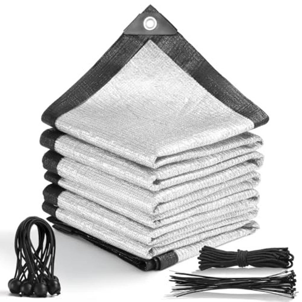 Silver aluminet shade cloth stack with black trim and included zip ties