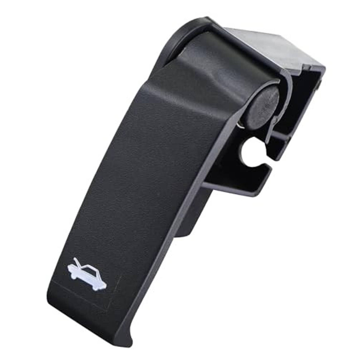 Black hood release handle lever, textured plastic with circular mounting tab