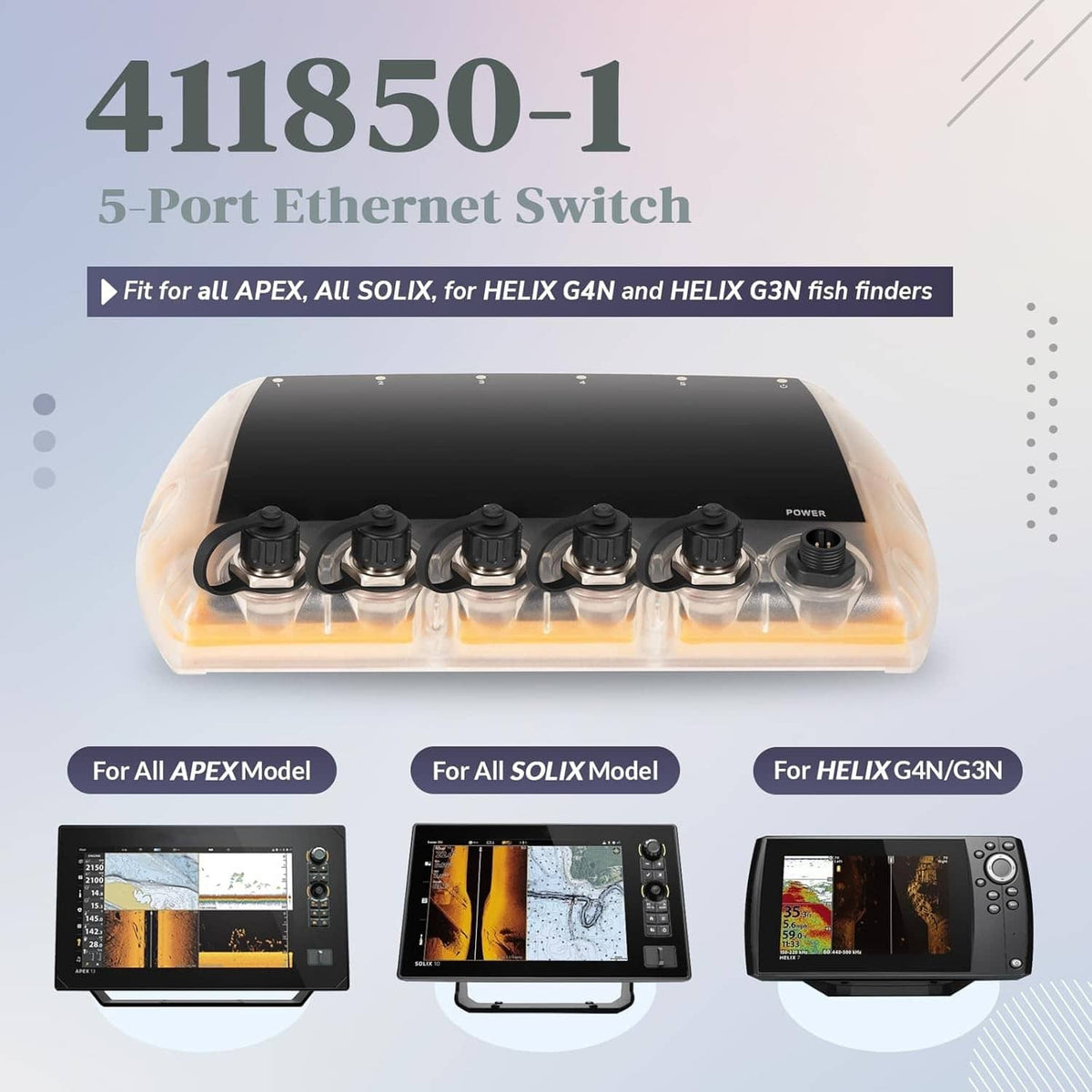 5-port Ethernet switch in clear housing with five connector ports and power port