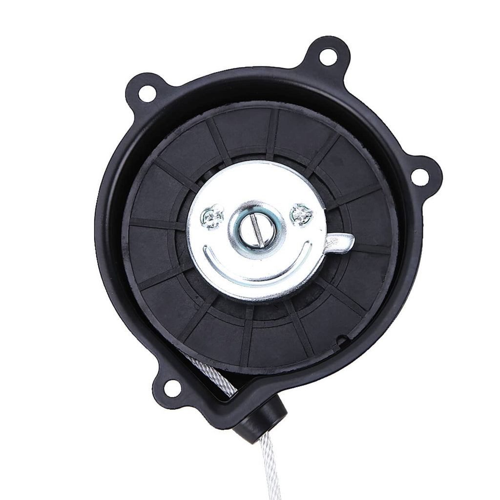 Black recoil pull starter with round metal hub and retracting starter rope