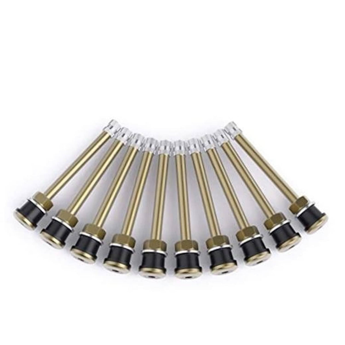 Brass truck tire valve stems with black rubber seals, 10-pack