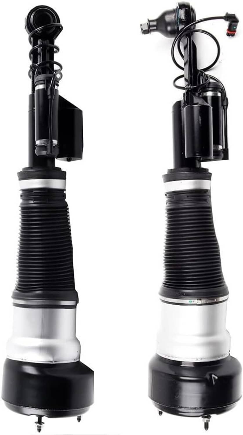 Two front air suspension struts, black bellows with silver caps and wiring