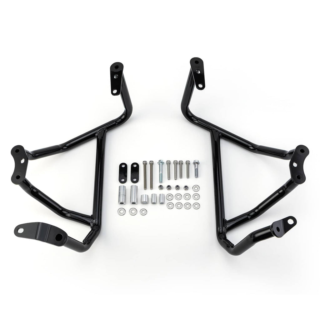 Black crash bar pair with mounting plates and bolts, shown with hardware bundle