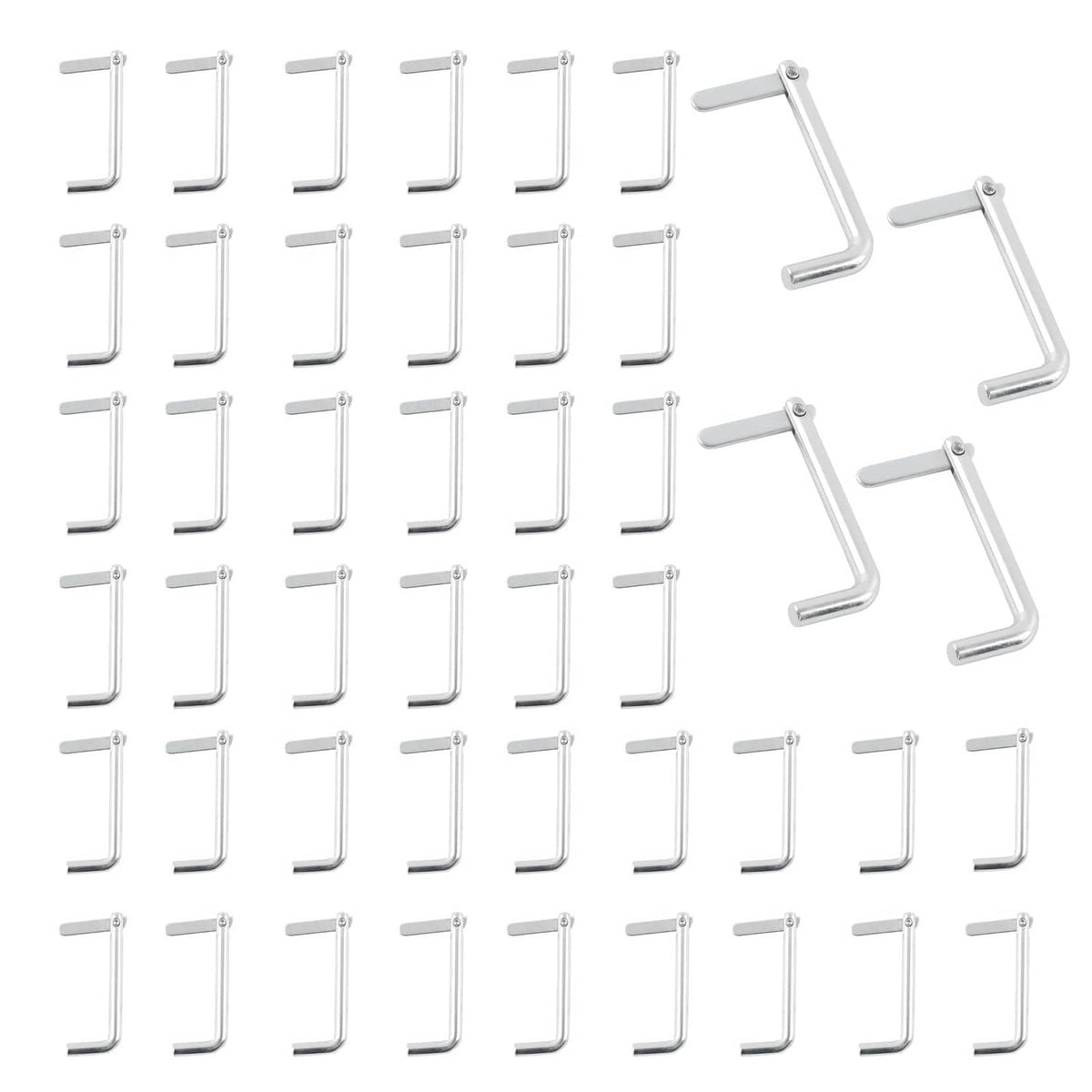 Set of galvanized steel scaffolding toggle locking pins, U-shaped with lever handles.