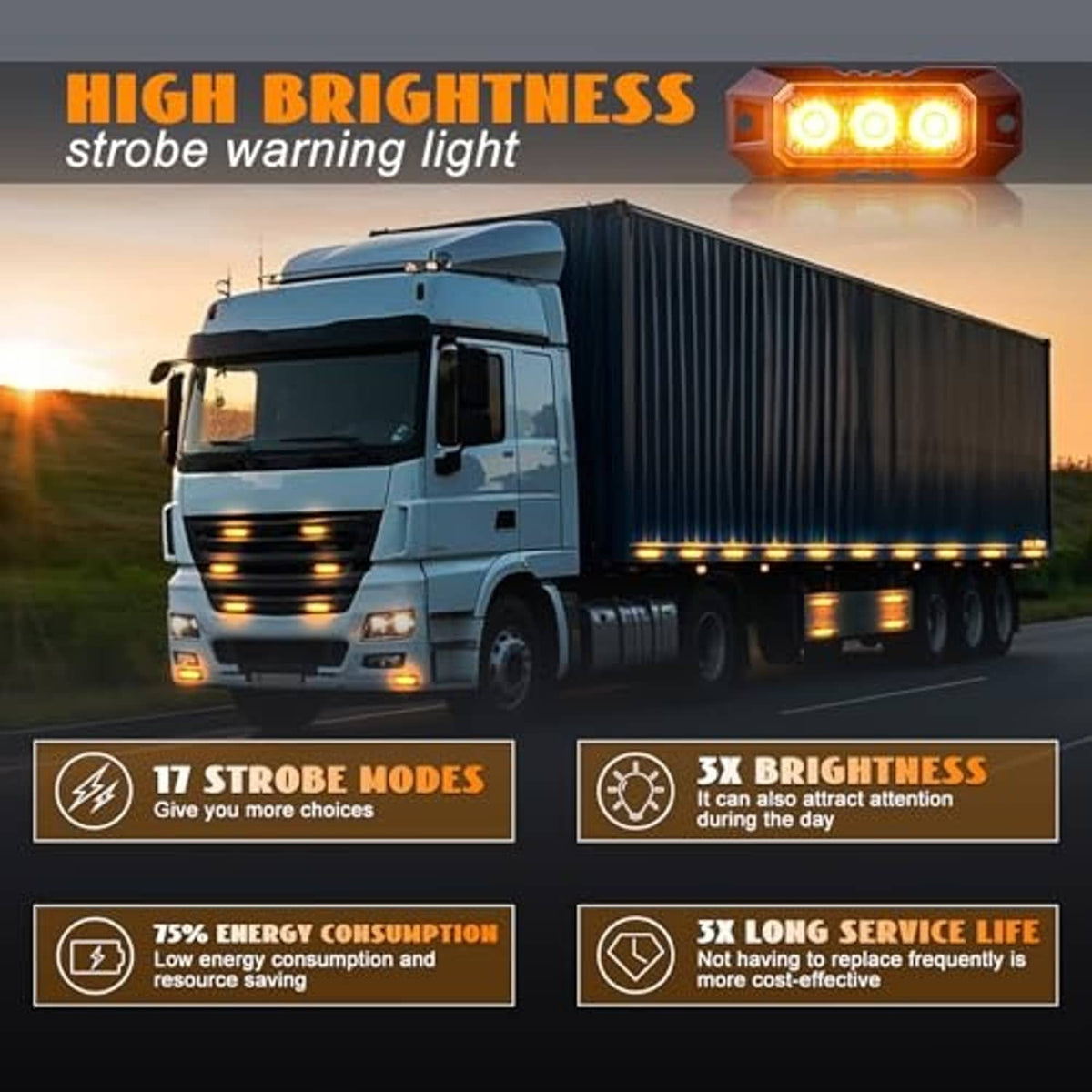 Amber strobe warning lights mounted with clear lens bars glowing on a truck