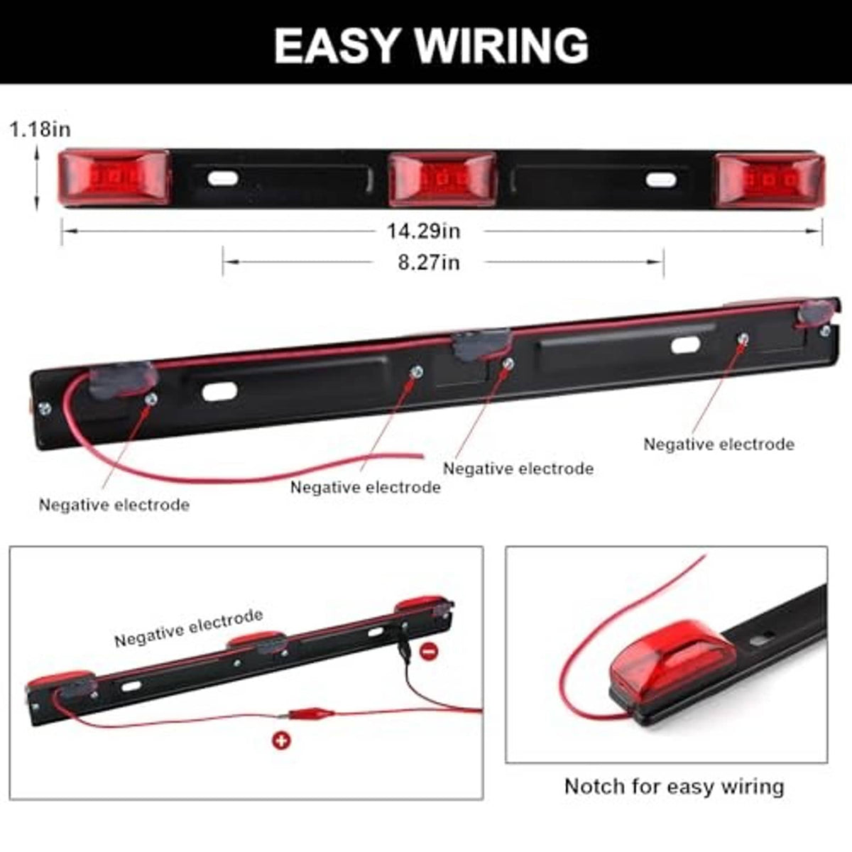 Red LED trailer light bar with easy wiring diagram and connection electrode labels
