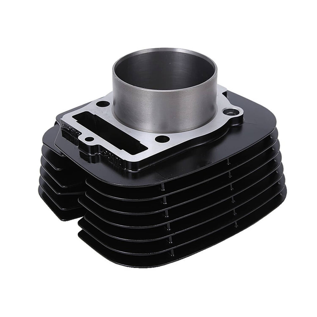 Black finned cylinder with silver sleeve top and mounting holes for top-end rebuild