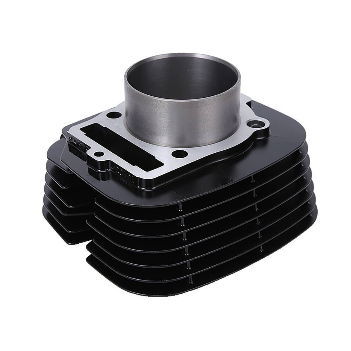 Black finned cylinder with silver sleeve top and mounting holes for top-end rebuild