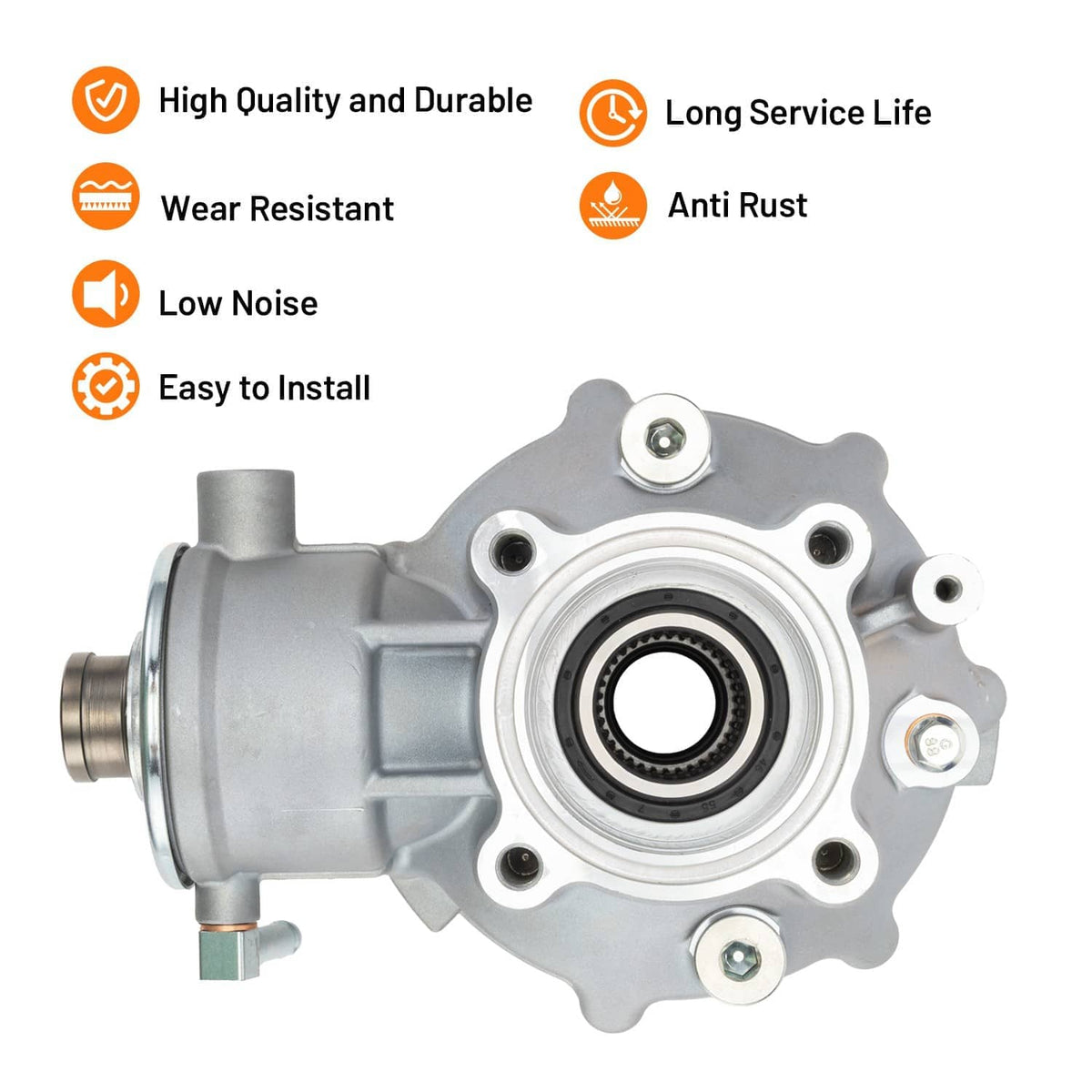 Silver rear differential assembly with circular bearing housing and bolt holes