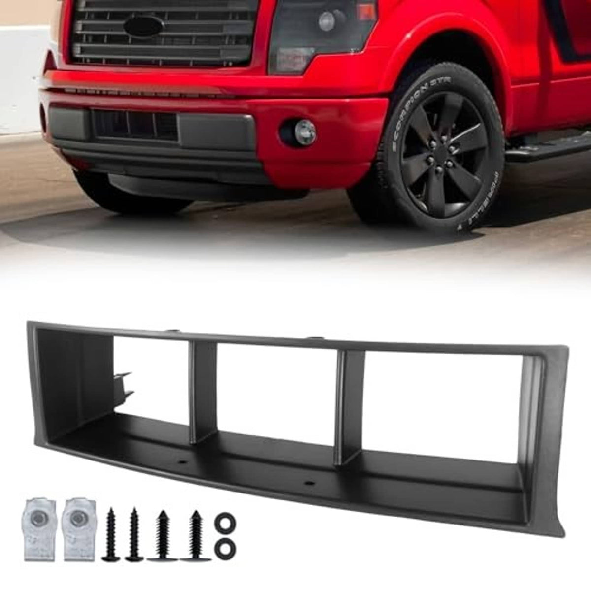 Black front bumper grille trim panel with three openings and included mounting hardware
