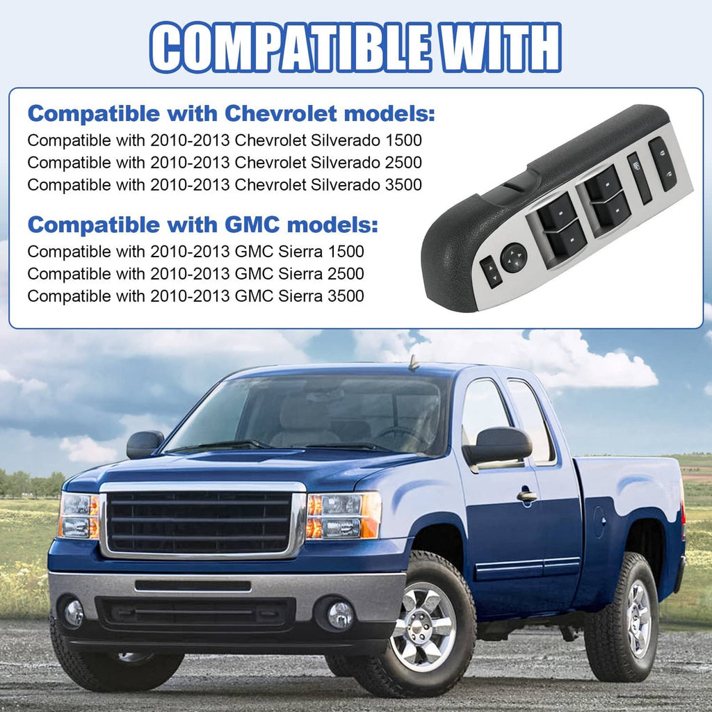 Power window switch with black bezel shown in product listing with pickup truck background