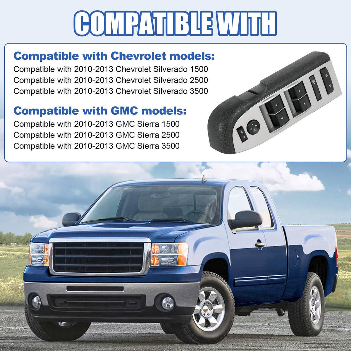 Power window switch with black bezel shown in product listing with pickup truck background