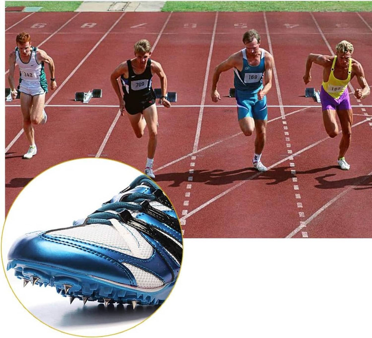 Running shoe sole with metal track spikes visible on the outsole
