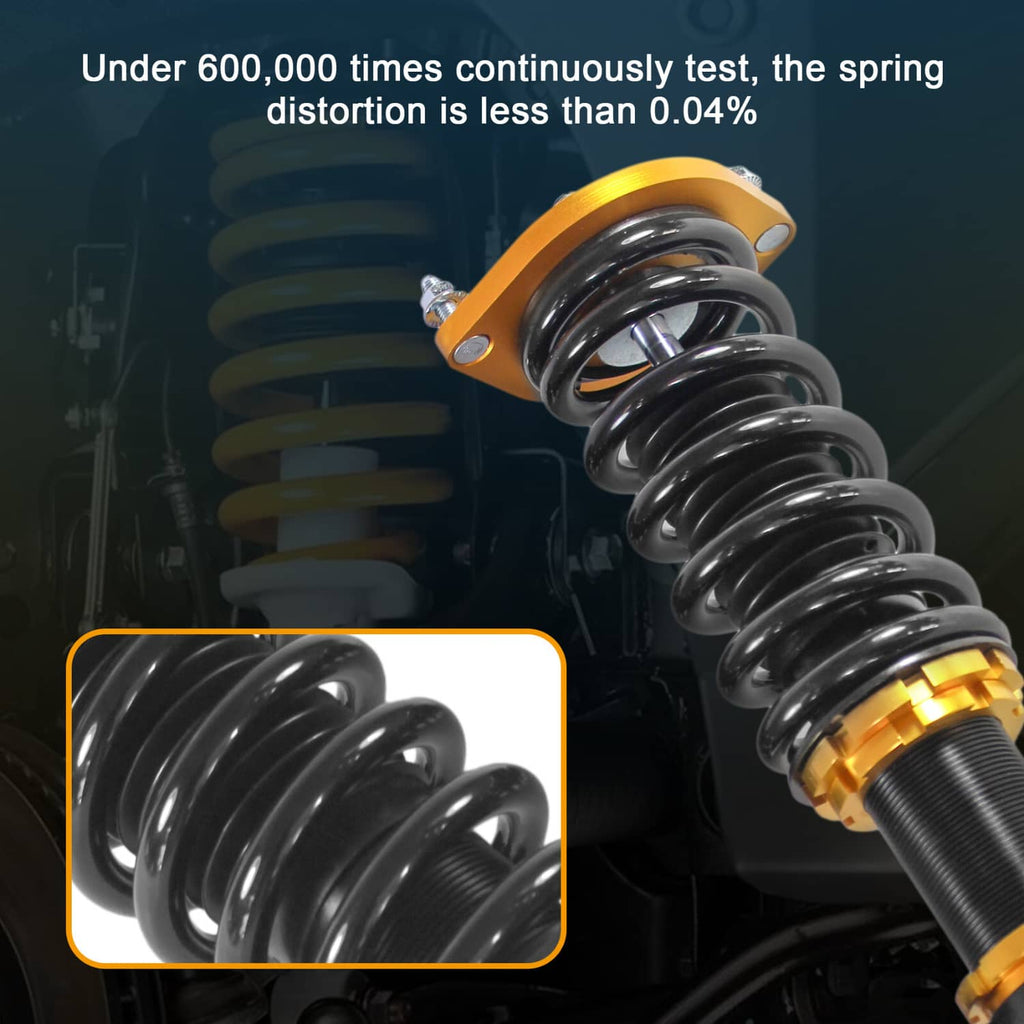 Close-up black coil spring on gold shock body with mounting stud