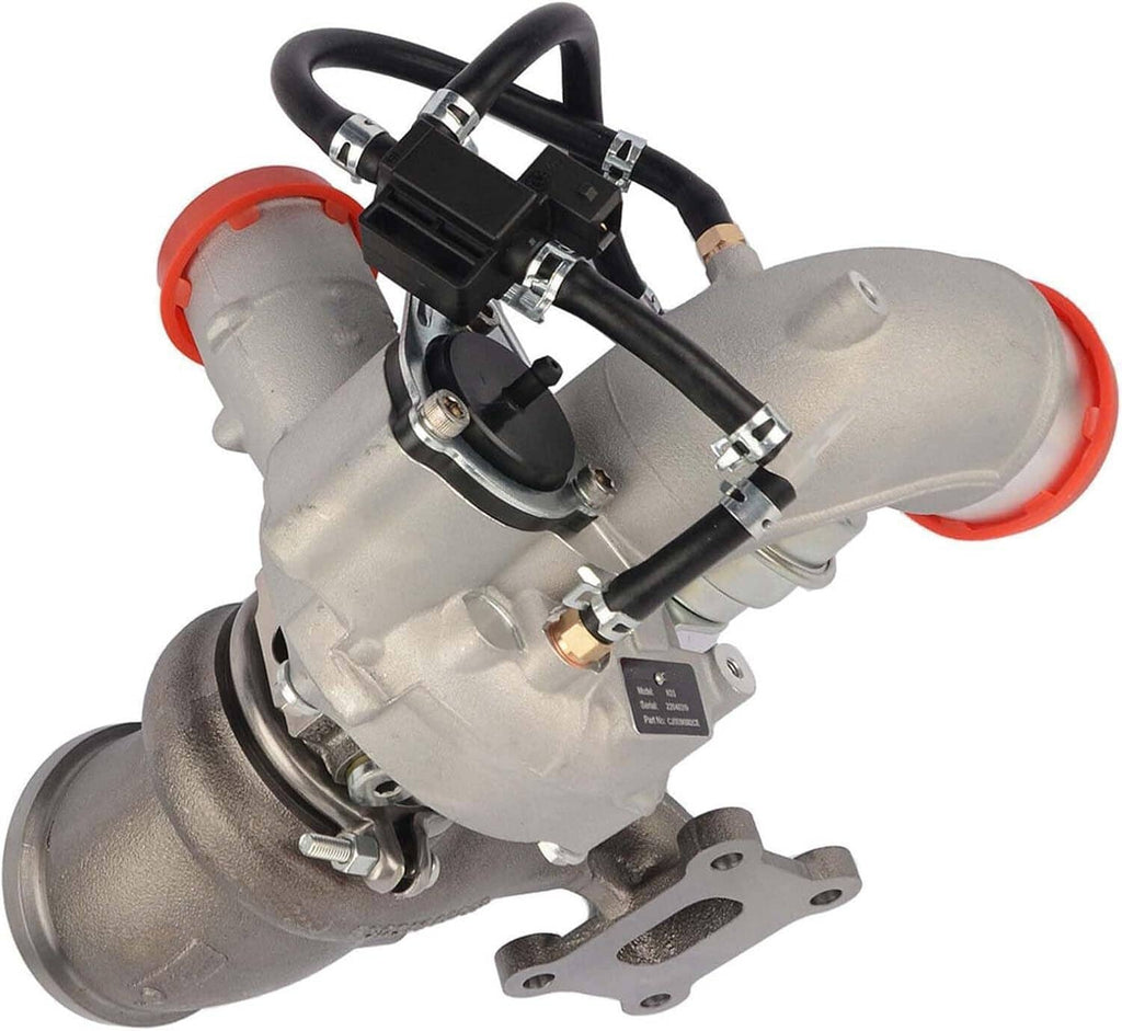 Turbocharger assembly with red protective caps and black wiring harness