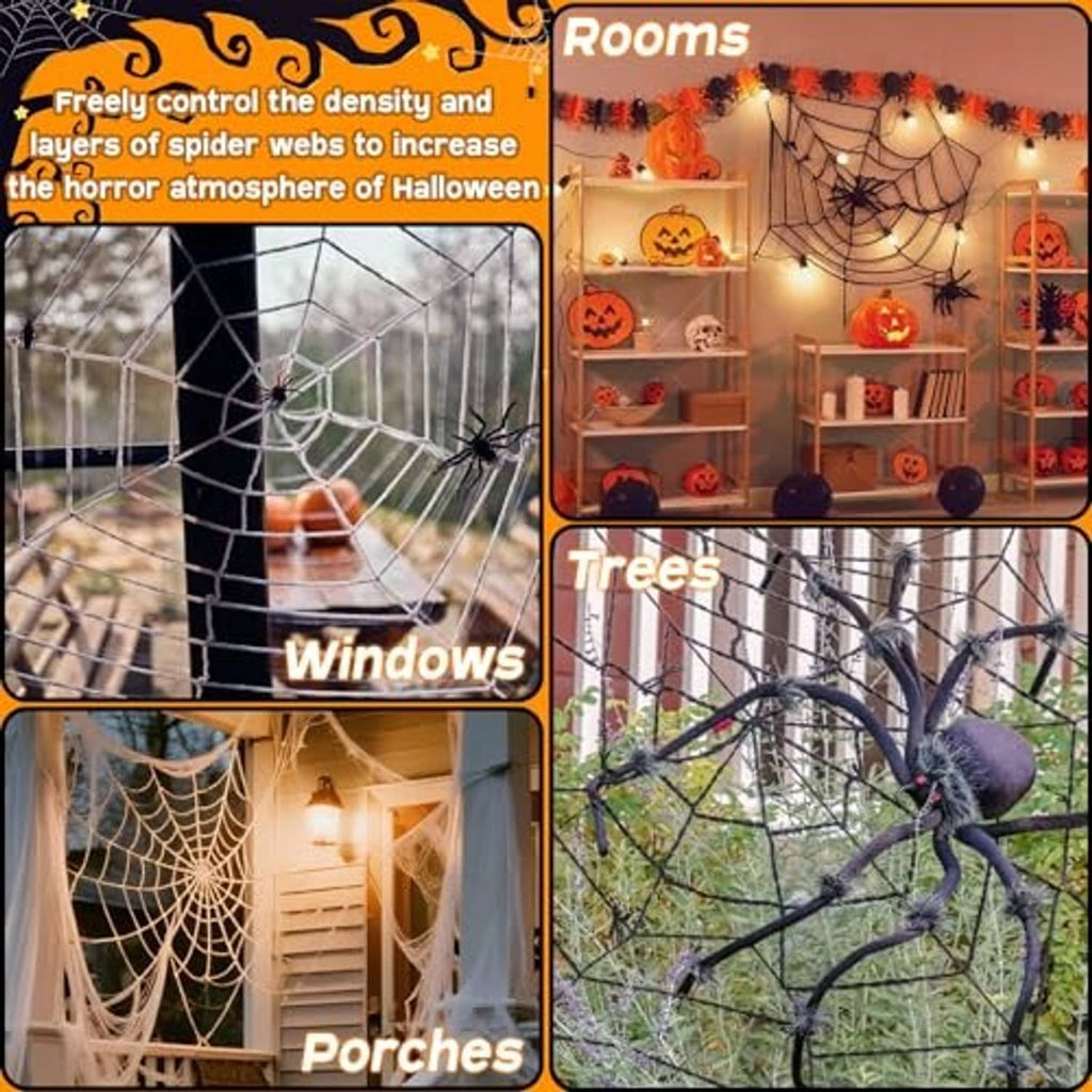 Spider web decorations draped across windows, porches, and trees for Halloween displays