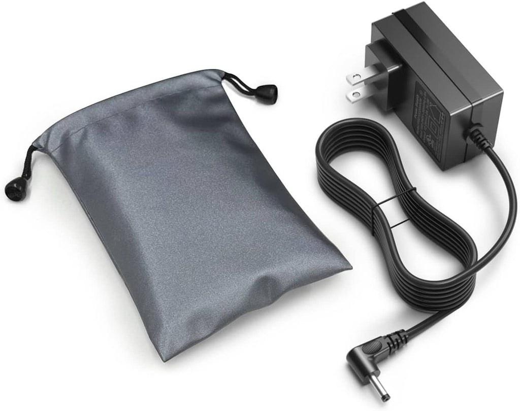 12V laptop AC power charger with black cable and gray drawstring storage pouch
