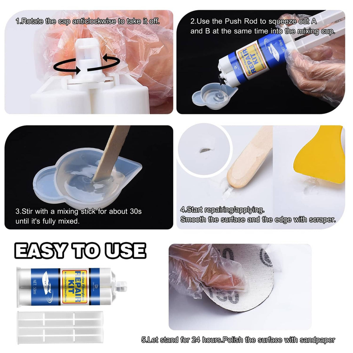 Marine fiberglass repair kit instructions: mix gel coat, apply, then sand for finish