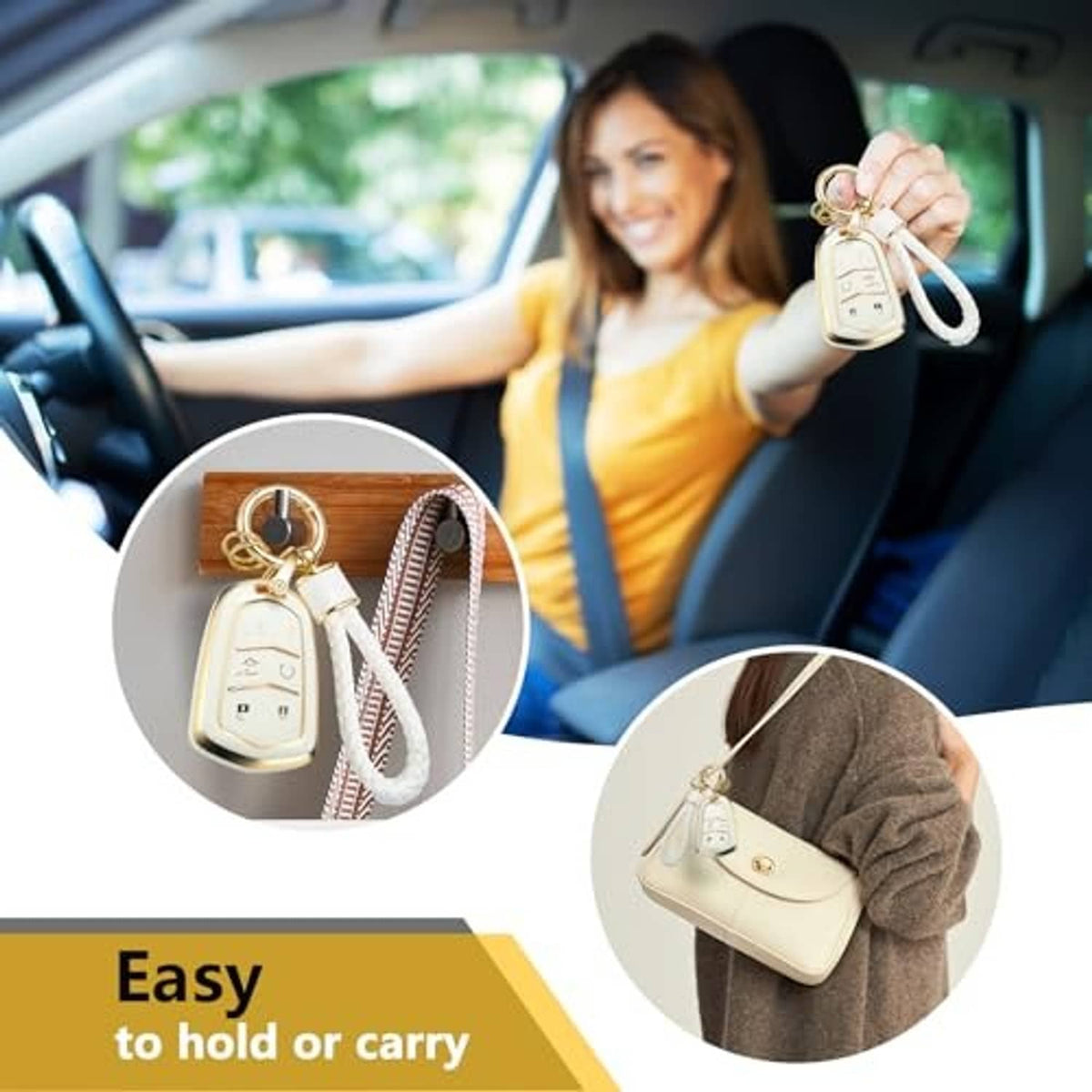 White and gold key fob cover with braided strap on a key ring, held in hand